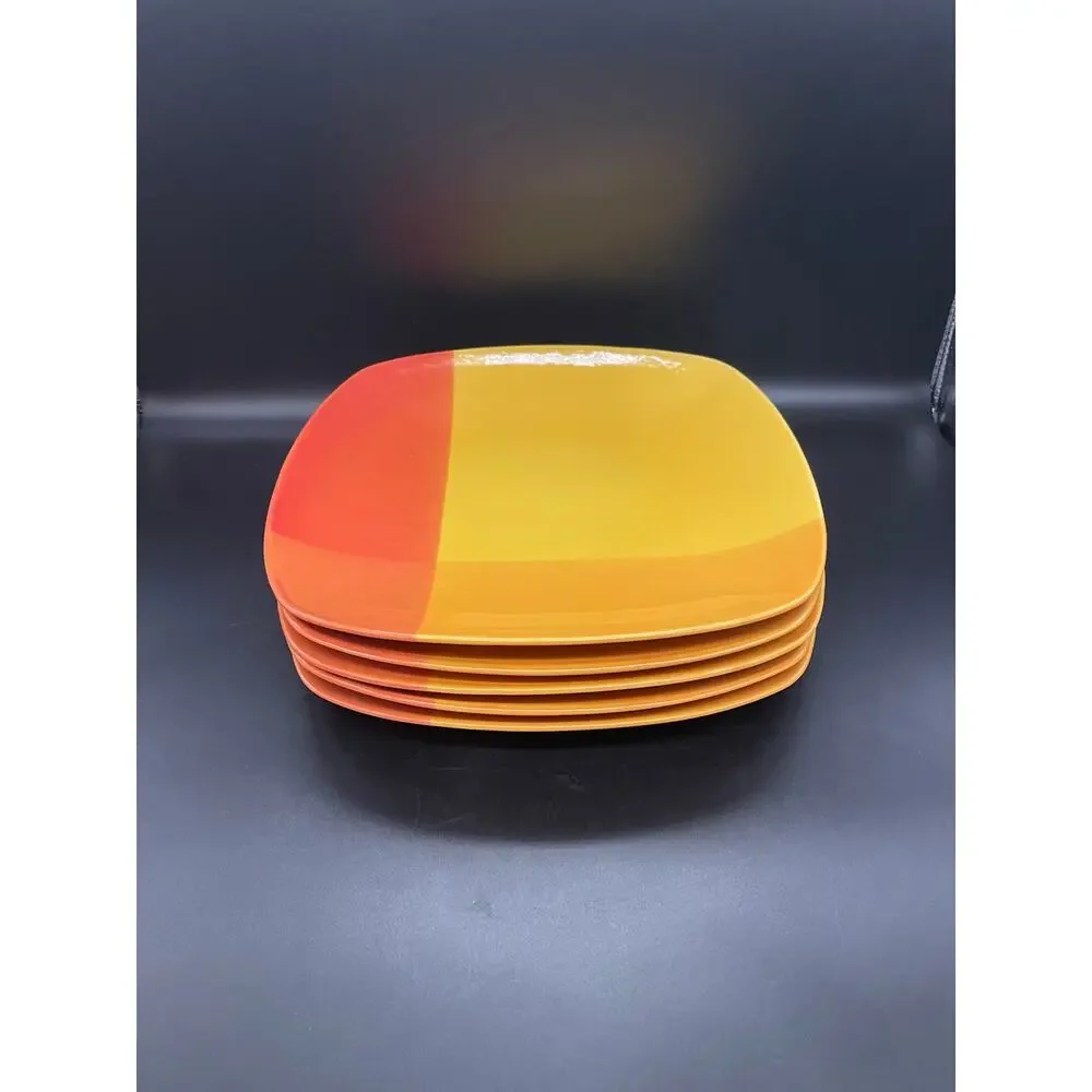 222 Fifth Color Blocks Red / Yellow Set of 5 Square Dinner Plates 11.25